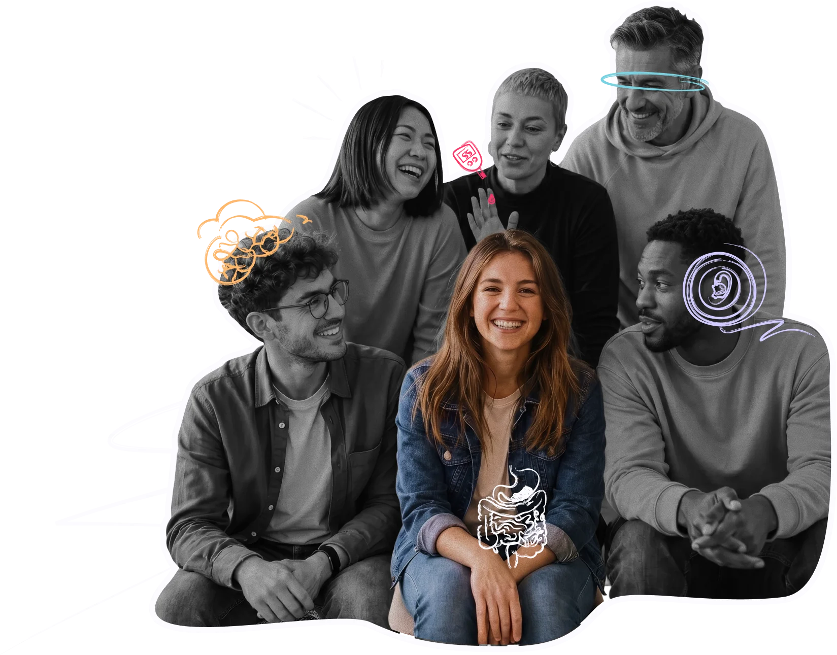 Six collaborateurs souriants, chacun portant un symbole dessiné à la main représentant un handicap invisible